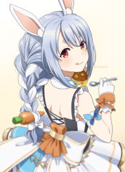 Rule 34 | 1girl, :p, animal ear fluff, animal ears, back, bare arms, blue hair, blurry, bow skirt, braid, carrot hair ornament, cross-laced clothes, curry, depth of field, eyebrows, food, food-themed hair ornament, frilled straps, from behind, gloves, gradient background, hair ornament, hikimayu, holding, holding spoon, hololive, instant curry rice, licking lips, light blush, long hair, looking at viewer, looking back, mattaku mousuke, multicolored hair, nonstop story, official alternate costume, rabbit ears, rabbit girl, shirt, shoulder blades, sleeveless, solo, spoon, tongue, tongue out, twin braids, twintails, two-tone hair, usada pekora, virtual youtuber, white gloves, white hair, white shirt