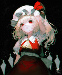 Rule 34 | 1girl, artist name, ascot, black background, black bow, blonde hair, bow, closed mouth, collared shirt, commentary, cowboy shot, dark background, flandre scarlet, frilled shirt collar, frilled sleeves, frills, from below, hat, hat bow, highres, large bow, light smile, long sleeves, mob cap, mochacot, one side up, puffy short sleeves, puffy sleeves, red bow, red eyes, red skirt, red vest, shirt, short sleeves, skirt, solo, symbol-only commentary, touhou, vest, white bow, white hat, white shirt, wings, yellow ascot