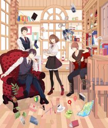 Rule 34 | 1girl, 3boys, black footwear, black hair, black necktie, black pantyhose, book, boots, brown hair, chair, cuffs, cup, glasses, handcuffs, high heels, highres, looking at another, looking at viewer, map, multiple boys, necktie, okazaki oka, open mouth, original, pantyhose, photo (object), plate, purple eyes, radio, red eyes, shelf, shoes, short hair, sitting, smile, sneakers, teacup