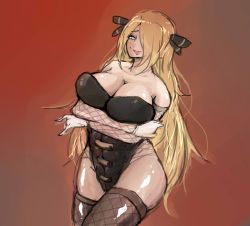Rule 34 | 1girl, aqua eyes, blonde hair, breasts, cleavage, creatures (company), cynthia (pokemon), female focus, game freak, hair over one eye, huge breasts, long hair, naughty face, nintendo, nishikun, pokemon, simple background, solo, thick thighs, thighhighs, thighs