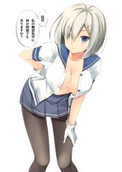 Rule 34 | 10s, 1girl, blue eyes, blush, breasts, cleavage, gloves, hair ornament, hair over one eye, hairclip, hamakaze (kancolle), hanging breasts, kantai collection, large breasts, leaning forward, onaka sukisuki, open clothes, open shirt, pantyhose, personification, shirt, silver hair, simple background, smile, solo, translation request, white background, white gloves