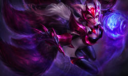 Rule 34 | 1girl, ahri (league of legends), alternate costume, alternate hair color, animal ears, armor, breasts, challenger ahri, claws, cleavage, energy ball, facial mark, female focus, fox ears, fox tail, gem, highres, large breasts, league of legends, long hair, michelle hoefener, multiple tails, official art, pauldrons, red eyes, shoulder armor, solo, tail, thighlet, vambraces, whisker markings, white hair
