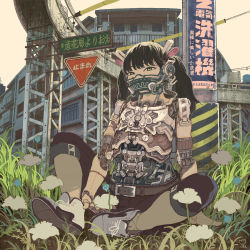 Rule 34 | 1girl, android, belt, black hair, black pants, bow, building, catcar0983, flower, full body, grass, highres, joints, long hair, looking at viewer, mechanical parts, no mouth, original, outdoors, pants, plant, robot, robot joints, shoes, sign, sitting, solo, twintails, white footwear, yellow eyes