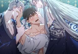 Rule 34 | 3boys, bishounen, blush, brown eyes, brown hair, hands on another&#039;s face, headband, ilay riegrow, jeong taeui, licking, licking hand, long hair, male focus, multiple boys, o ssion, open mouth, passion (manhwa), short hair, white hair, white headband, yaoi