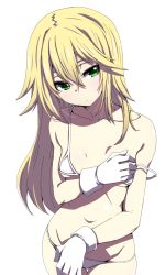 Rule 34 | 1girl, bikini, blazblue, blonde hair, breasts, collarbone, cowboy shot, expressionless, from above, gloves, green eyes, hair between eyes, half-closed eyes, hand on own chest, head tilt, highres, kaname nagi, long hair, navel, noel vermillion, simple background, small breasts, solo, strap slip, swimsuit, thigh gap, white background, white bikini, white gloves
