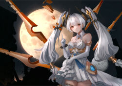 Rule 34 | 1girl, absurdres, artist request, breasts, cleavage, clothes lift, collar, cross-shaped pupils, detached collar, dress, elbow gloves, floating, floating hair ornament, floating object, floating weapon, full moon, gloves, grey hair, headgear, highres, jewelry, long hair, luna: laurel (fiery moon) (punishing: gray raven), luna (punishing: gray raven), medium breasts, moon, orange eyes, punishing: gray raven, skirt, skirt lift, solo, symbol-shaped pupils, thighhighs, twintails, very long hair, white collar, white dress, white gloves, white thighhighs