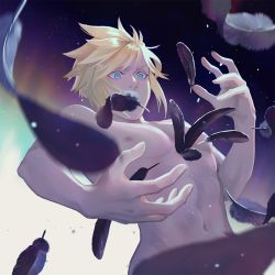 Rule 34 | 1boy, abs, aqua eyes, black feathers, blonde hair, cloud strife, falling feathers, feathers, final fantasy, final fantasy vii, final fantasy vii remake, hair between eyes, ho fan, male focus, pectorals, short hair, sky, solo, spiked hair, square enix, star (sky), starry sky, topless male, upper body, wide-eyed