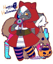 Rule 34 | 1girl, artist request, black hair, blood, candy, dog, dress, eyepatch, female focus, flat color, food, full body, furry, furry female, hood, hoodie, multicolored hair, open mouth, red eyes, skunk, solo, thighhighs, white hair
