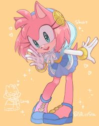 Rule 34 | 1girl, alternate costume, amy rose, animal, animal ears, blue dress, blue footwear, blue hairband, bow, bowtie, dress, elbow gloves, feathers, full body, furry, furry female, gloves, gold bracelet, green eyes, hairband, hand up, hedgehog, hedgehog ears, hedgehog girl, hedgehog tail, highres, konjiki ringo, lace, lace-trimmed dress, lace trim, looking down, nimue (sonic the hedgehog), open mouth, pink fur, shoes, short dress, solo, sonic (series), sonic and the black knight, tail, white bow, white bowtie, white gloves