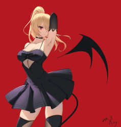 Rule 34 | 1girl, arm up, armpits, bare shoulders, black bow, black choker, black dress, black sleeves, black wings, blonde hair, bow, breasts, choker, cleavage, collarbone, commentary request, copyright request, demon girl, demon tail, demon wings, detached sleeves, detached wings, dress, fishnet thighhighs, fishnets, hair over one eye, high ponytail, highres, long hair, medium breasts, pleated skirt, ponytail, red background, red eyes, roi (liu tian), signature, simple background, skirt, sleeveless, sleeveless dress, solo, tail, thighhighs, wings