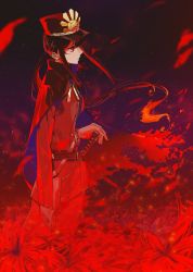 Rule 34 | 1boy, belt, black hair, cape, fate/grand order, fate (series), fiery hair, flower, from side, fuyuhi tsukika, gloves, hand on hilt, hat, highres, katana, long hair, male focus, oda nobukatsu (fate), red eyes, red theme, solo, spider lily, sword, weapon, white gloves