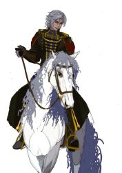 1boy aiguillette aristocratic_clothes black_coat black_eyes black_gloves black_jacket bridle coat commentary curly_hair final_fantasy final_fantasy_vii final_fantasy_vii_ever_crisis floral_print full_body gloves grey_hair hair_between_eyes hand_up highres holding holding_reins horse horseback_riding jacket light_smile long_sleeves looking_to_the_side male_focus military_coat military_uniform mm8416852736065 official_alternate_costume parted_bangs reins riding sephiroth sephiroth_(shinra_formal_uniform) sephiroth_(young) short_hair shoulder_boards simple_background stirrups_(riding) white_background white_fur