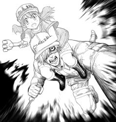Rule 34 | 1boy, 1girl, boots, carrying, child, commentary, crazy eyes, dagger, english commentary, greyscale, hair over one eye, hat, hat writing, hataraku saibou, holding, holding dagger, holding knife, holding weapon, incoming attack, jacket, knife, looking at viewer, monochrome, one eye covered, open mouth, platelet (hataraku saibou), reverse grip, shirt, short sleeves, shorts, shoulder carry, teeth, u-1146, upper teeth only, weapon, white blood cell (hataraku saibou), wide-eyed, y naf