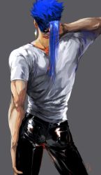 Rule 34 | 1boy, adjusting hair, back, black pants, blue hair, casual, commentary, commentary request, contrapposto, cu chulainn (fate), cu chulainn (fate/stay night), denim, earrings, fate/stay night, fate (series), from behind, grey background, jeans, jewelry, makashiki (aarni 0), male focus, muscular, pants, pocket, ponytail, shirt, short sleeves, simple background, skin tight, solo, spiked hair, t-shirt, white shirt