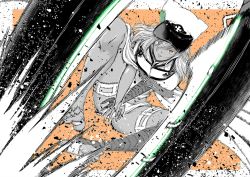 Rule 34 | 1girl, an&#039;no natsume, attack, bandaged arm, bandaged leg, bandages, cape, clover, dark-skinned female, dark skin, eyes visible through hair, four-leaf clover, greyscale, greyscale with colored background, guilty gear, hat, legband, micro shorts, monochrome, orange background, orange eyes, ramlethal valentine, shorts, solo, spot color