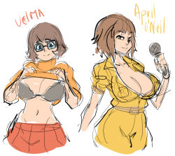 Rule 34 | 2girls, april o&#039;neil, black bra, bob cut, bra, breasts, brown hair, character name, cleavage, clothes lift, crossover, glasses, huge breasts, jumpsuit, large breasts, maniacpaint, microphone, midriff, multiple girls, narrow waist, navel, no bra, orange shirt, scooby-doo, shirt, shirt lift, short hair, simple background, sketch, skirt, sleeves pushed up, smile, sweater, sweater lift, teenage mutant ninja turtles, turtleneck, turtleneck sweater, underwear, velma dace dinkley, white background, yellow jumpsuit