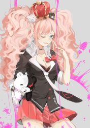 Rule 34 | 1girl, bear hair ornament, black bra, black neckwear, black shirt, blonde hair, blood, blood drip, blood on clothes, blood on face, blue eyes, bra, breasts, cleavage, commentary, crown, danganronpa: trigger happy havoc, danganronpa (series), enoshima junko, fingernails, footprints, hair ornament, highres, holding, jewelry, large breasts, long hair, looking at viewer, miniskirt, monokuma, nail polish, necklace, necktie, one eye closed, open mouth, pink blood, pleated skirt, red nails, red ribbon, red skirt, ribbon, school uniform, shirt, skirt, sleeves rolled up, spoilers, stuko, teeth, twintails, underwear, white neckwear