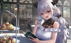 Rule 34 | 1girl, :d, bare shoulders, black bow, blouse, blush, book, bow, breasts, building, cafe, chair, commentary, cup, cupcake, dappled sunlight, day, english commentary, food, frilled shirt, frills, fruit tart, hair bow, highres, holding, holding book, holding cup, horns, large breasts, long hair, looking at viewer, open book, open mouth, original, outdoors, red eyes, saucer, shirt, silver hair, sion (9117), sitting, smile, solo focus, strawberry tart, sunlight, table, tart (food), teacup, tiered tray, upper body, very long hair, white shirt, window