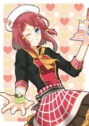 Rule 34 | 1girl, black shirt, blue eyes, brown skirt, floating hair, grin, hair ornament, hat, heart, heart background, holding, holding plate, lailah (tales), layered skirt, long sleeves, looking at viewer, miniskirt, neckerchief, one eye closed, plate, pleated skirt, red hair, rose (tales), saklo, shirt, short hair, skirt, smile, solo, tales of (series), tales of zestiria, white hat, yellow neckerchief, yellow skirt