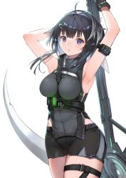Rule 34 | 1girl, ahoge, arknights, armpits, arms up, between breasts, black hair, black shorts, breasts, commentary, cowboy shot, grey shirt, hair intakes, holding, holding scythe, la pluma (arknights), large breasts, looking at viewer, parted lips, purple eyes, revision, scythe, shirt, short hair, short shorts, shorts, simple background, sleeveless, sleeveless shirt, solo, standing, strap between breasts, thigh strap, thighs, white background, yuzuruka (bougainvillea)