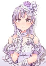 Rule 34 | &gt;:), 1girl, ayasaka, bad id, bad twitter id, bang dream!, blue flower, bow, brown eyes, commentary request, dress, elbow gloves, flower, gem, gloves, hand on own chin, hat, hat flower, long hair, looking at viewer, minato yukina, pearl (gemstone), purple flower, rose, short sleeves, silver hair, smile, solo, upper body, v-shaped eyebrows, wedding dress, white background, white bow, white flower, white gloves, white rose