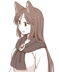 Rule 34 | 1girl, :d, animal ear fluff, animal ears, blush, brown theme, commentary request, dress, from side, gem, imaizumi kagerou, long hair, monochrome, open mouth, poronegi, scarf, simple background, smile, solo, touhou, white background, wolf ears