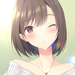 Rule 34 | 1girl, bare shoulders, blush, brown hair, collarbone, head tilt, heart, heart necklace, highres, jewelry, looking at viewer, necklace, off-shoulder shirt, off shoulder, one eye closed, original, purple eyes, shirt, solo, ueno tomo, white shirt
