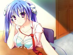 Rule 34 | 1girl, aqua eyes, blue hair, blush, bra, breast rest, breasts, breasts on table, breasts out, buckle, cleavage, collarbone, female focus, frilled bra, frills, highres, large breasts, lingerie, long hair, looking at viewer, necktie, open clothes, open shirt, purple eyes, ribbon, shirt, smile, solo, sparkle!!, t-ray, table, twintails, underwear