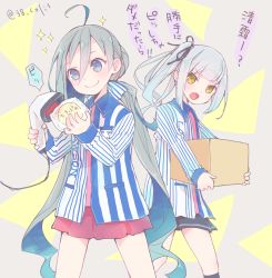 Rule 34 | 10s, 2girls, ahoge, alternate costume, barcode scanner, black skirt, black socks, blue eyes, blue hair, box, brown eyes, carrying, colis, employee uniform, grey hair, kantai collection, kasumi (kancolle), kiyoshimo (kancolle), kneehighs, lawson, long hair, long sleeves, low twintails, multicolored hair, multiple girls, open mouth, pleated skirt, purple skirt, side ponytail, skirt, smile, socks, sparkle, translation request, twintails, twitter username, uniform, very long hair