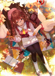 Rule 34 | 1girl, ascot, bag, beret, bird, black pantyhose, blush, book, book on lap, braid, breasts, brown eyes, brown hair, clover, clover print, collared vest, commentary request, dappled sunlight, doughnut, food, food theft, four-leaf clover, full body, glasses, goose, hair ornament, hairclip, handkerchief, hat, holding, holding doughnut, holding food, holding handkerchief, leaf, long hair, long sleeves, maronie., medium breasts, messenger bag, open book, original, pantyhose, pink headwear, red sweater vest, shoulder bag, sign, sitting, socks, solo focus, sparkle, sunlight, sweater, sweater vest, teamwork, theft, tree, twin braids, untitled goose game, very long hair, vest, white socks, yellow ascot