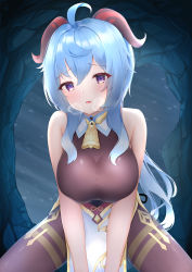 Rule 34 | 1girl, absurdres, ahoge, bare arms, bell, benedia, black legwear, blue hair, blush, breasts, cave, commentary request, ganyu (genshin impact), genshin impact, gold trim, heavy breathing, highres, horns, large breasts, long hair, looking at viewer, neck bell, open mouth, pov, purple eyes, sidelocks, sleeveless, snow, solo, thighlet, thighs