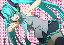 Rule 34 | 1girl, aqua eyes, aqua hair, armpits, bad id, bad pixiv id, breasts, chito04, face, female focus, hatsune miku, headphones, long hair, open mouth, skirt, smile, solo, thighhighs, twintails, vocaloid