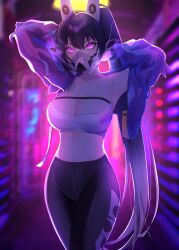 Rule 34 | 1girl, absurdres, anzusouda, armpits, arms behind head, arms up, bandeau, black hair, black pants, breasts, cleavage, collarbone, commentary request, covered mouth, cowboy shot, glowing, glowing eyes, goddess of victory: nikke, hair between eyes, headgear, high-waist pants, high ponytail, highres, indoors, jacket, long hair, looking at viewer, mask, medium breasts, midriff, mouth mask, off shoulder, pants, purple eyes, purple jacket, sidelocks, sin (nikke), single bare shoulder, smoke, solo, standing, strapless, very long hair, white bandeau, yoga pants
