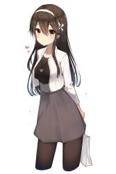Rule 34 | 10s, 1girl, alternate costume, bag, black hair, black pantyhose, brown eyes, gin00, hairband, haruna (kancolle), heart, highres, jewelry, kantai collection, long hair, necklace, pantyhose, simple background, smile, solo, white background