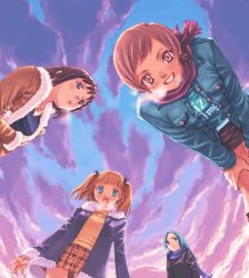 Rule 34 | 4girls, breath, cold, from below, looking down, multiple girls, short hair, sky, twintails