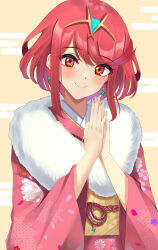 Rule 34 | 1girl, closed mouth, commentary, drop earrings, earrings, english commentary, floral print, fur-trimmed kimono, fur scarf, fur trim, happy new year, highres, japanese clothes, jewelry, kimono, kyaro (wanu 14), long sleeves, looking at viewer, new year, obi, obijime, palms together, pink kimono, print kimono, pyra (xenoblade), red eyes, red hair, sash, short hair, simple background, smile, solo, swept bangs, tiara, upper body, wide sleeves, xenoblade chronicles (series), xenoblade chronicles 2