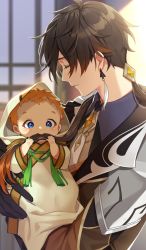 Rule 34 | 2boys, aged down, baby, black gloves, black hair, blue eyes, brown hair, chisuke 1104, closed eyes, closed mouth, earrings, fatherly, genshin impact, gloves, gradient hair, hair in own mouth, hair ornament, highres, holding baby, jacket, jewelry, long hair, long sleeves, male focus, mouth hold, multicolored hair, multiple boys, orange hair, ponytail, single earring, tartaglia (genshin impact), tassel, upper body, zhongli (genshin impact)
