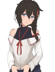 Rule 34 | 1girl, black hair, black shirt, blue eyes, braid, commentary request, hair flaps, hair ornament, hair over shoulder, kantai collection, layered shirt, looking at viewer, off-shoulder shirt, off shoulder, official alternate costume, shigure (kancolle), shigure kai ni (kancolle), shirt, simple background, single braid, sleeveless, sleeveless shirt, solo, turtleneck, upper body, white background, white shirt, yukiguni yuu