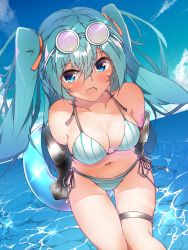 Rule 34 | 1girl, absurdres, alternate hairstyle, bikini, blue eyes, blue hair, breasts, caustics, cleavage, hair between eyes, halkawa501, halterneck, hatsune miku, highres, leaning forward, long hair, looking at viewer, medium breasts, navel, number tattoo, open mouth, outdoors, side-tie bikini bottom, sky, solo, striped bikini, striped clothes, swimsuit, tattoo, thigh strap, thighhighs, vocaloid, wading, water, white thighhighs