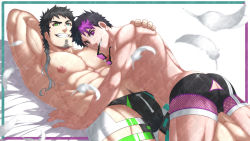 Rule 34 | 2boys, abs, absurdres, arm behind head, armpits, bara, bed, bed sheet, black eyes, black hair, couple, facial hair, feathers, glasses, green eyes, heterochromia, highres, hug, inunekostudio, large pectorals, long hair, looking at viewer, lying, lying on person, male focus, male underwear, manly, mature male, multicolored hair, multiple boys, muscular, muscular male, navel, navel hair, nipples, no pants, on back, original, pectorals, ponytail, purple eyes, purple hair, simple background, smirk, sparkle, spiked hair, stubble, teeth, thick arms, thick eyebrows, thick thighs, thighs, topless male, underwear, veins, veiny arms, white background, yaoi