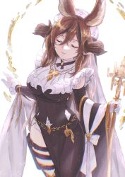 Rule 34 | 1girl, animal ears, belt, breasts, broken horn, brown hair, closed eyes, closed mouth, clothing cutout, dress, ekra, galleon (granblue fantasy), gloves, granblue fantasy, highres, holding, holding staff, horns, large breasts, shoulder cutout, simple background, smile, solo, staff, thigh strap, white background, white gloves