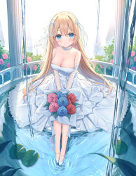 Rule 34 | 1girl, bare shoulders, blonde hair, blue eyes, blue flower, blue rose, blush, bouquet, breasts, cleavage, closed mouth, commentary request, copyright request, dress, flower, hair between eyes, hair flower, hair ornament, highres, holding, holding bouquet, large breasts, layered dress, long hair, looking at viewer, pink flower, pink rose, pleated dress, red flower, red rose, ripples, rose, satsuki yukimi, see-through, shoes, smile, solo, strapless, strapless dress, tower, very long hair, virtual youtuber, water, white background, white dress, white flower, white footwear