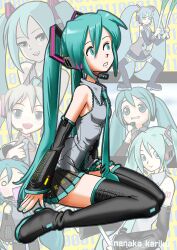 Rule 34 | 1girl, aqua eyes, aqua hair, aqua nails, aqua necktie, black footwear, black skirt, boots, detached sleeves, food, from side, full body, grey shirt, gstar8893, hatsune miku, headset, highres, holding, holding food, holding spring onion, holding vegetable, long hair, looking at viewer, looking to the side, multiple views, nail polish, necktie, open mouth, pleated skirt, shirt, sitting, skirt, sleeveless, sleeveless shirt, spring onion, thigh boots, thighs, twintails, twitter username, vegetable, vocaloid, wariza, wide sleeves