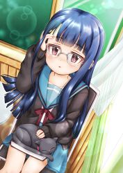 Rule 34 | 1girl, animal, arm up, bespectacled, black cardigan, black cat, blue hair, blue sailor collar, blue skirt, blush, book, bow, cardigan, cat, curtains, day, glasses, grey-framed eyewear, highres, idolmaster, idolmaster cinderella girls, idolmaster cinderella girls starlight stage, indoors, kita high school uniform, long sleeves, looking at viewer, on chair, on lap, open cardigan, open clothes, over-rim eyewear, parted lips, red bow, red eyes, regular mow, sailor collar, sajo yukimi, school uniform, semi-rimless eyewear, serafuku, shirt, sitting, skirt, sleeves past wrists, solo, sunlight, suzumiya haruhi no yuuutsu, transparent, white shirt, window
