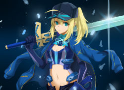 Rule 34 | 1girl, ahoge, artoria pendragon (all), artoria pendragon (fate), baseball cap, blonde hair, excalibur (fate/stay night), fate/grand order, fate (series), hat, highres, jacket, makise minami, mysterious heroine x (fate), mysterious heroine x (third ascension) (fate), navel, ponytail, rojiura satsuki : chapter heroine sanctuary, saber (fate), scarf, solo, track jacket