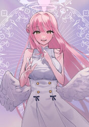 Rule 34 | 1girl, blue archive, blush, breasts, dress, feathered wings, floating hair, hair bun, halo, highres, large breasts, long hair, looking at viewer, mika (blue archive), pakazu419, patterned background, pink hair, single side bun, sleeveless, sleeveless dress, smile, solo, very long hair, white dress, white wings, wings