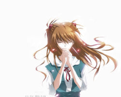 Rule 34 | 1girl, ascot, bad id, bad pixiv id, closed eyes, female focus, hair ribbon, long hair, neon genesis evangelion, praying, red hair, ribbon, school uniform, simple background, solo, souryuu asuka langley, stu dts, twintails, two side up, white background