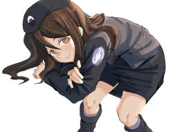Rule 34 | 10s, 1girl, beret, black footwear, black hat, black jacket, black skirt, boots, bright pupils, brown eyes, brown hair, closed mouth, cross-laced footwear, crossed arms, emblem, girls und panzer, hat, jacket, japanese tankery league (emblem), lace-up boots, leaning forward, leaning to the side, long hair, long sleeves, looking at viewer, megumi (girls und panzer), military, military hat, military uniform, miniskirt, mituki (mitukiiro), pencil skirt, selection university (emblem), selection university military uniform, simple background, sitting, skirt, smile, solo, uniform, white background, white pupils