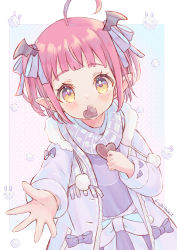 Rule 34 | 1girl, ahoge, black wings, blue background, blue bow, blunt bangs, blush, border, bow, candy, child, chocolate, chocolate heart, coat, dot nose, dress, dress bow, food, fruitsrabbit, gradient background, hair bow, heart, highres, holding, holding food, hood, hood down, looking at viewer, open hand, original, patterned background, pink background, pink hair, plaid, plaid scarf, pointy ears, pom pom (clothes), purple bow, purple coat, purple dress, purple scarf, reaching, reaching towards viewer, scarf, short hair, solo, two-tone background, white border, wing hair ornament, wings, yellow eyes