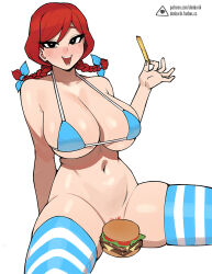Rule 34 | 1girl, :d, bikini, bikini top only, black eyes, blush, braid, breasts, burger, censored, cleavage, donburi (donburikazoku), female pubic hair, food, french fries, hair ornament, holding, holding food, large breasts, looking at viewer, navel, novelty censor, open mouth, product girl, pubic hair, pubic hair peek, red hair, simple background, sitting, smile, solo, spread legs, striped clothes, striped thighhighs, swimsuit, thighhighs, twin braids, wendy&#039;s, wendy (wendy&#039;s), white background
